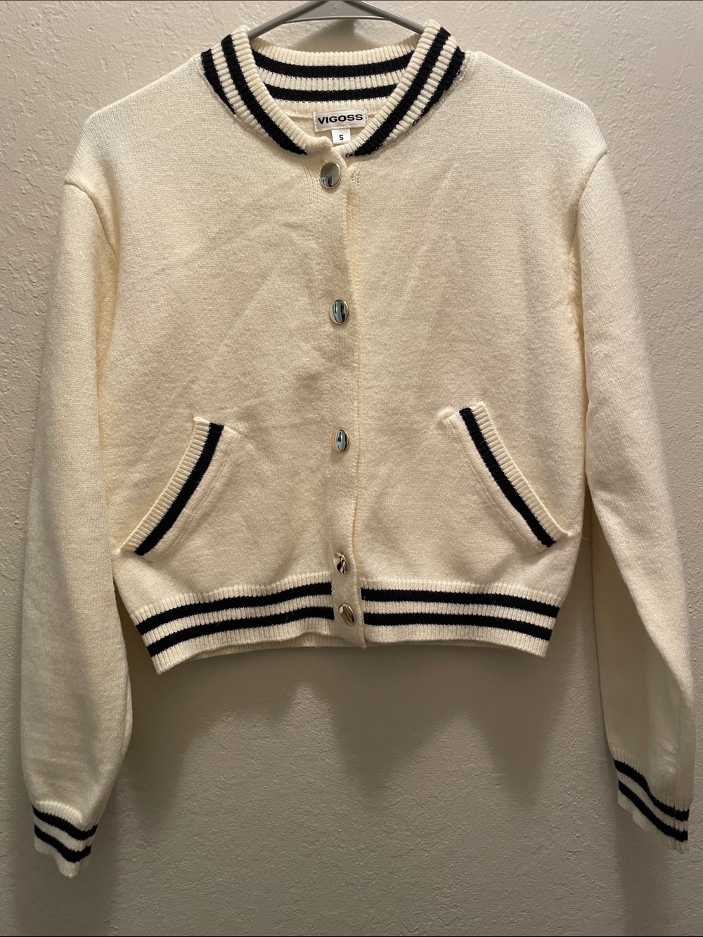 Vigoss Cream Cardigan with Black Stripe Trim